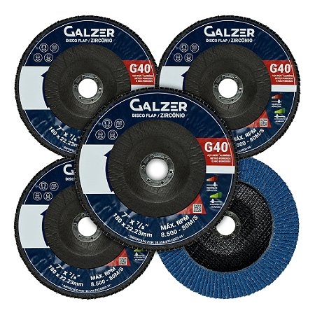 Kit 5 Disco Lixa Flap Zircônio 7 Pol 180mm Grão 40 Cônico