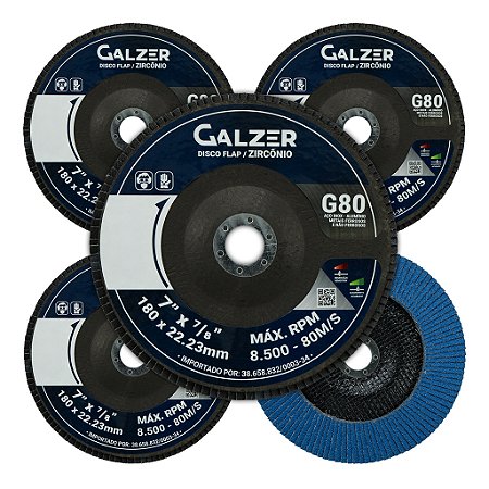 Kit 5 Disco Flap 180mm 7 Polegadas Zircônio Grão 80 Cônico Azul