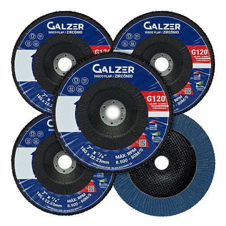 Kit 5 Disco De Lixa Flap 7 Grão 120 Para Lixadeira 180mm Cônico Azul