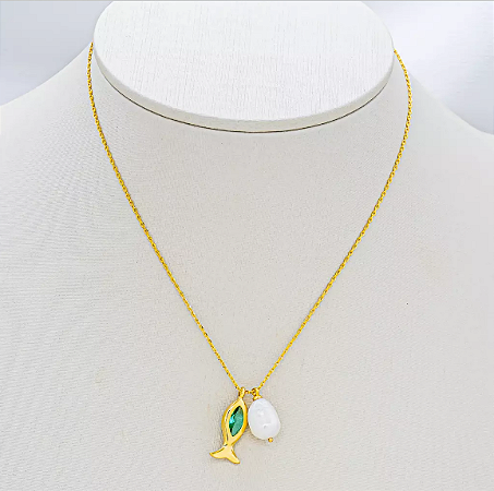 Colar Mini Elos com Pingente Peixe e Pérola