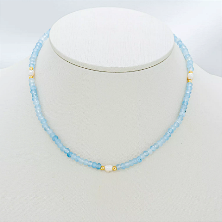 Choker Pedra Natural Ágata Azul com Pérolas de Água Doce