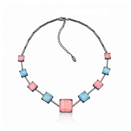 CHOKER / COLAR  MIX QUADRADOS FUSION  CORAL LIGHT C/ CALCEDONIA -  RÓDIO NEGRO
