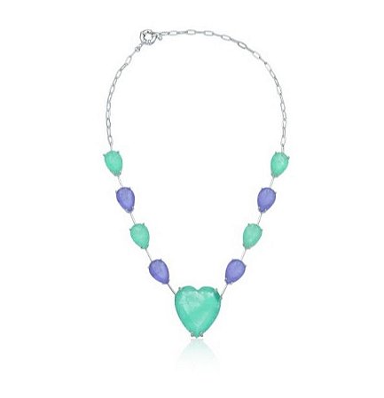 CHOKER / COLAR  CORAÇÃO GRANDE GOTAS RÓDIO BRANCO - LAVANDA C/ ESM. COLOMBIANA