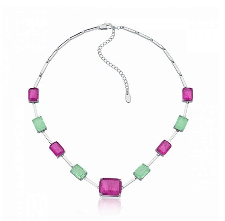 CHOKER / COLAR  MIX RETÂNGULOS FUSION -  RÓDIO BRANCO - FUCSIA C/ GREENERY