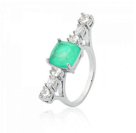 ANEL QUADRADO GLOW  ESMERALDA COLOMBIANA  - RÓDIO BRANCO