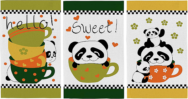 Pano de Prato Copa Atoalhado Felpudo Teka Primore Pandas (kit com 3 unidades)