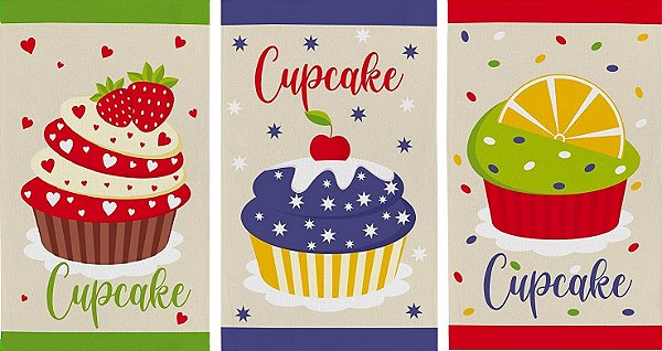 Pano de Prato Copa Teka Primore Atoalhado Cupcakes (kit com 3 unidades)