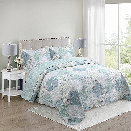 Colcha Bouti King Teka Patchwork + 2 Portas Travesseiros - 3 peças
