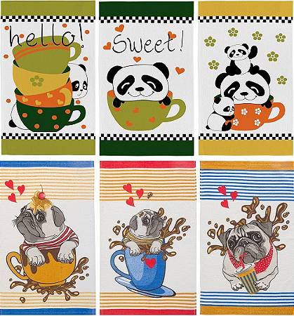 Panos de Prato Teka Primore Pandas/Dogs - 6 peças