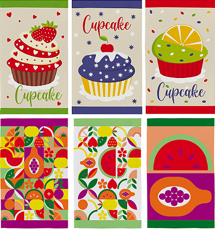 Panos de Prato Teka Primore Cupcakes/Frutas - 6 peças