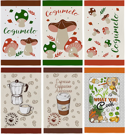 Panos de Prato Teka Primore Cogumelos/Café - 6 peças sortidas