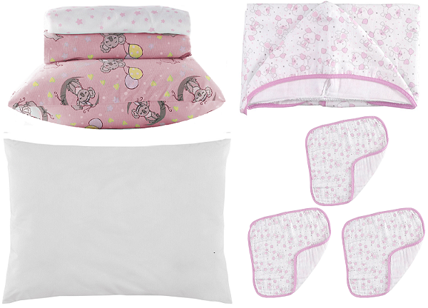 Jogo Berço Rosa Teka + Travesseiro +Capuz + Panos Boca 8 Pçs