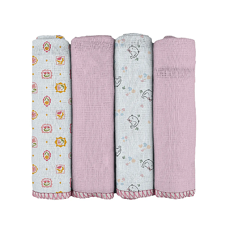 Pano de Boca Bublim Estampado Passarinho Rosa 4 Peças