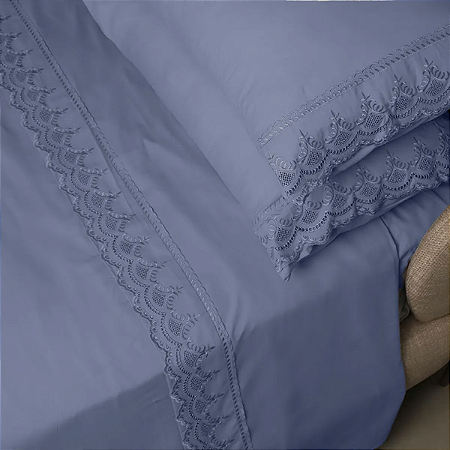 Jogo de Cama Rendado Queen Percal Soft 300 Azul- 4 peças