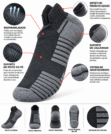 RUNNING TECH CUSHION CURTA ( Preta com cinza )- Meia compressiva de corrida com amortecimento