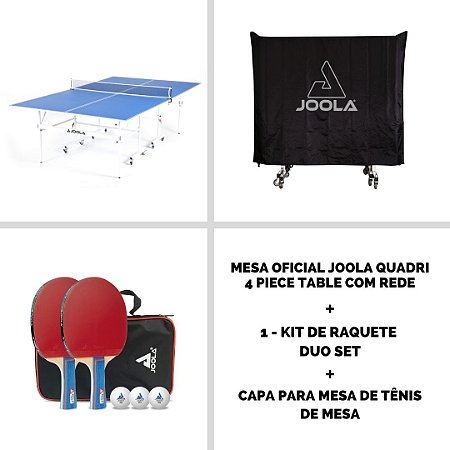 Mesa Oficial JOOLA QUADRI 4 PIECE + 1 Conjunto de raquetes de tênis de mesa Duo Set (2 raquetes e 3 bolas) + Capa para mesa de Tênis de Mesa