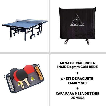 Mesa oficial Joola Inside 25mm + 1 Conjunto de raquetes de tênis de mesa Family Set (maleta com 4 raquetes e 10 bolas) + Capa para mesa de Tênis de Mesa