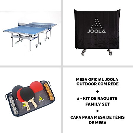 Mesa Importada Joola Outdoor + 1 Conjunto de raquetes de tênis de mesa Family Set (maleta com 4 raquetes e 10 bolas) + Capa para mesa de Tênis de Mesa