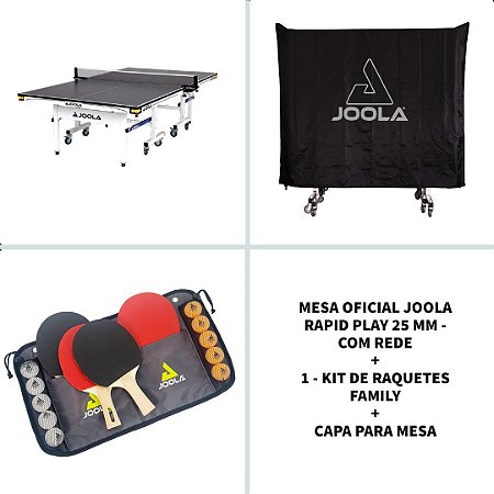 Mesa Oficial JOOLA RAPID PLAY 25mm + 1 Conjunto de raquetes de tênis de mesa Family Set (maleta com 4 raquetes e 10 bolas) + Capa para mesa de Tênis de Mesa