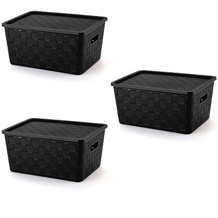 Conjunto 3 Caixas Organizadoras Rattan 21 Litros com Tampa Preto