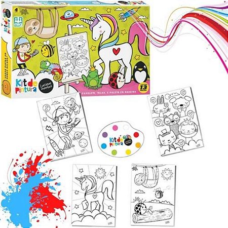 Kit Pintura Infantil Desenhos Luciano Martins com Cavalete Tintas e Tela Infantil 13 Peças