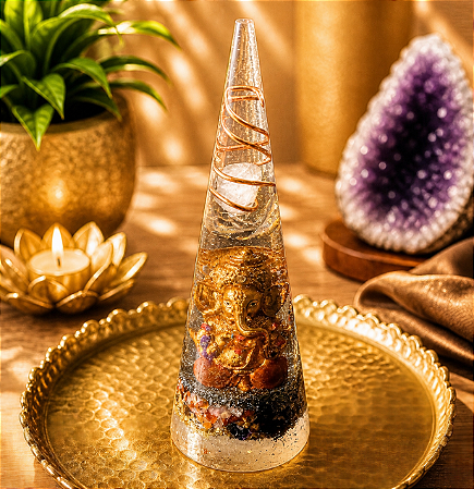 Cone Orgonite Prosperidade e Abertura de Caminhos e Superação de Obstáculos Com Ganesha - Olho de Tigre, Pirita e Cornalina