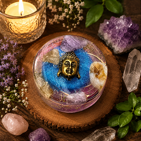 Orgonite Redonda Equilíbrio Emocional e Mental com Buda