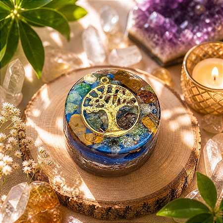 Orgonite Redondo Mini Árvore Da Vida Com Olho De Tigre E Quartzo Verde