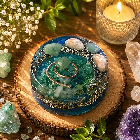 Orgonite redonda com quartzo verde e pedra do sol - saúde física