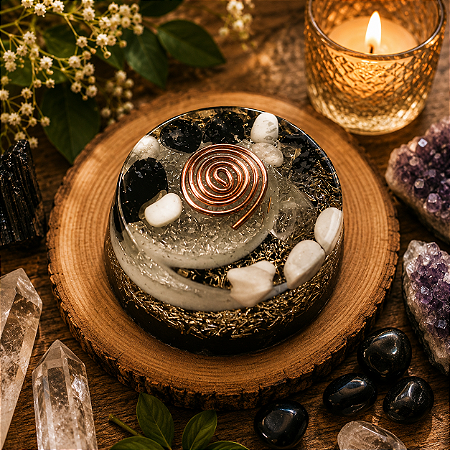 Orgonite redonda yin e yang com howlita e turmalina negra - Elimina dor e equilibra energia