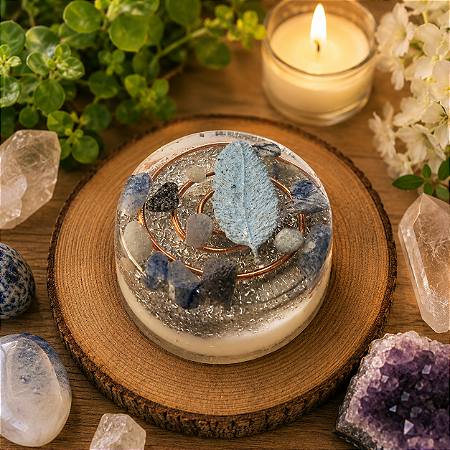Orgonite redonda 5x2 cm com quartzo azul , indicado para pessoas com pensamento acelerado e dificuldades para dormir (insônia)