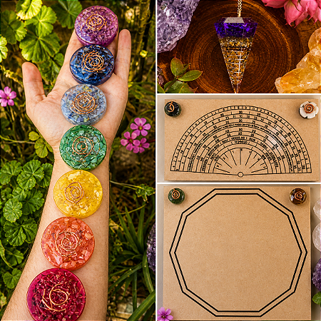 kit radiestesia básico + 7 chakras - Relógio Radiestésico, decagono, pêndulo orgonite e kit 7 chakras