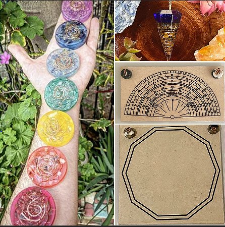 kit radiestesia básico + 7 chakras - Relógio Radiestésico, decagono, pêndulo orgonite e kit 7 chakras
