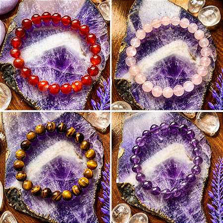 Kit 4 pulseiras Pedra Natural - Cornalina, Olho de Tigre, Quartzo Rosa e Ametista