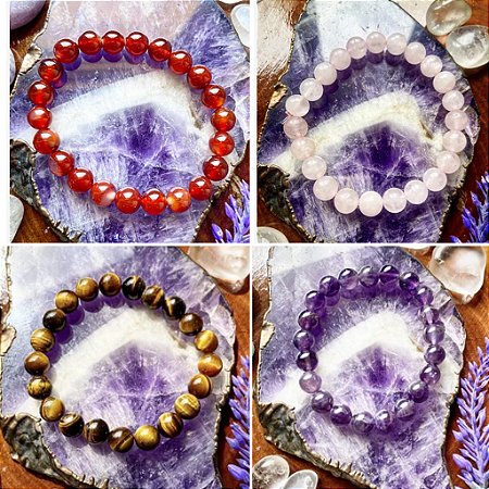 Kit 4 pulseiras Pedra Natural - Cornalina, Olho de Tigre, Quartzo Rosa e Ametista
