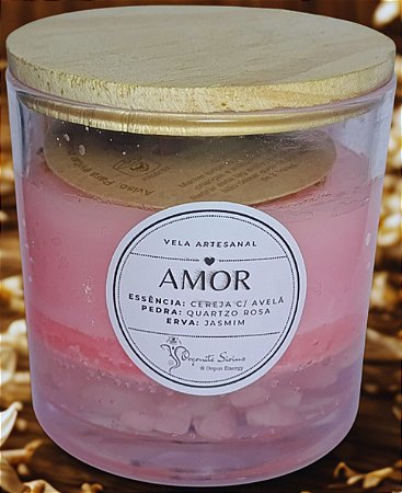 Vela Orgônica de Amor Cristais e Ervas – Quartzo Rosa e Jasmim – 8x8cm