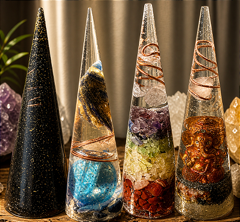 Kit 4 Cones Orgonite Sirius - Cone Turmalina, 7 chakras, Ganesha Prosperidade e Conexão Anjos