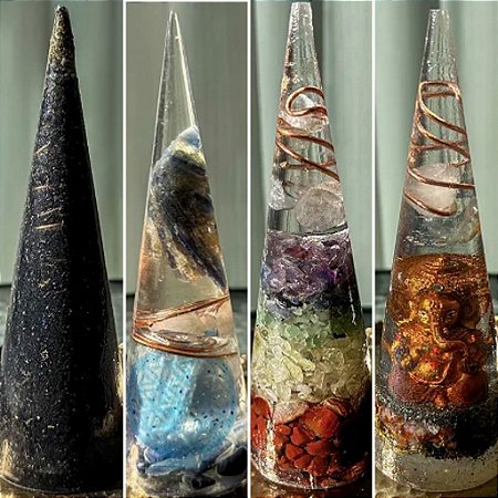 Kit 4 Cones Orgonite Sirius - Cone Turmalina, 7 chakras, Ganesha Prosperidade e Conexão Anjos
