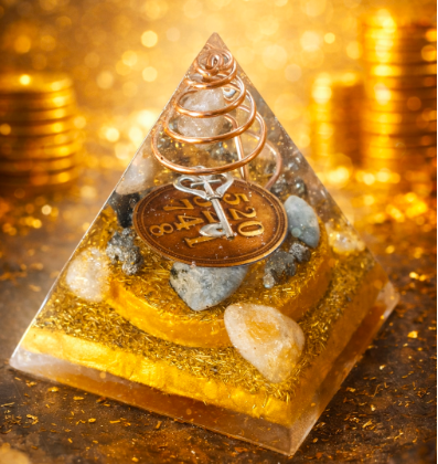 Pirâmide Orgonite Prosperidade Potencializada Arquétipo Chave 520 741 8– com Esmeralda, citrino e pirita ✨
