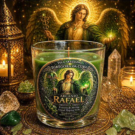 ✨ Vela Energizada Arcanjo Rafael – Alecrim com Quartzo Verde – Cura & Renovação 8x8 cm