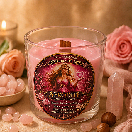 ✨ Vela Energizada Afrodite – Cereja com Aveia e Quartzo Rosa – Amor & Magnetismo 8x8 cm