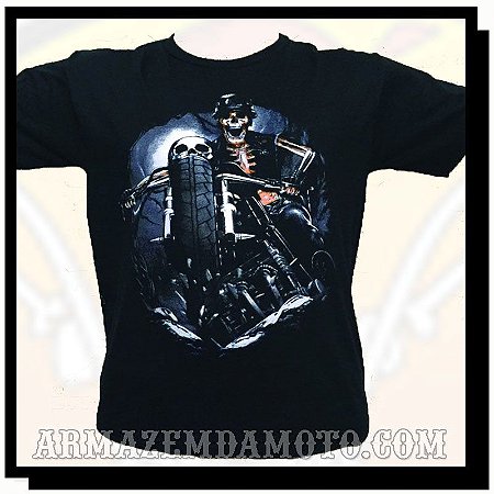 CAMISETA PRETA MOTO SKULL CAVEIRA FANTASMA COLORIDA