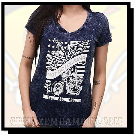 CAMISETA FEMININA MOTOCICLISMO LIBERDADE SOBRE RODAS