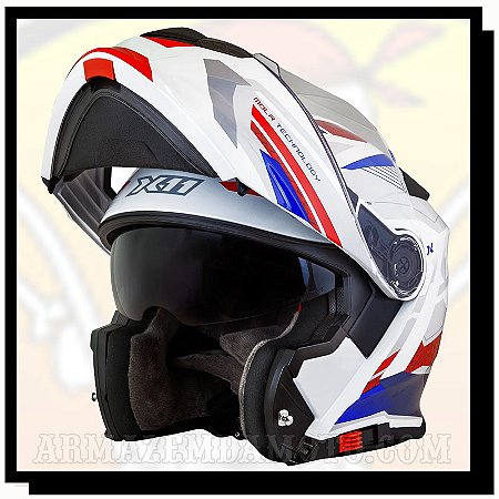 CAPACETE X11 TURNER PRISMA BRANCO AZUL VERMELHO ESCAMOTEÁVEL