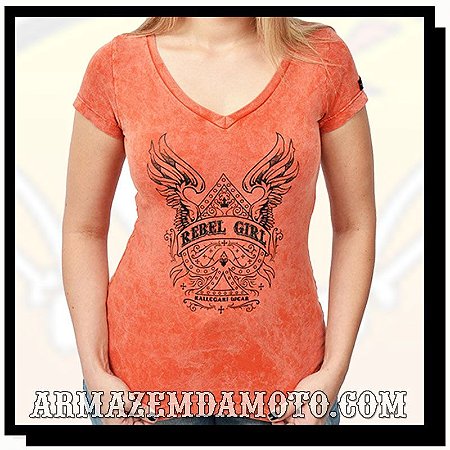 CAMISETA FEMININA REBEL GIRL ESTONADA LARANJA