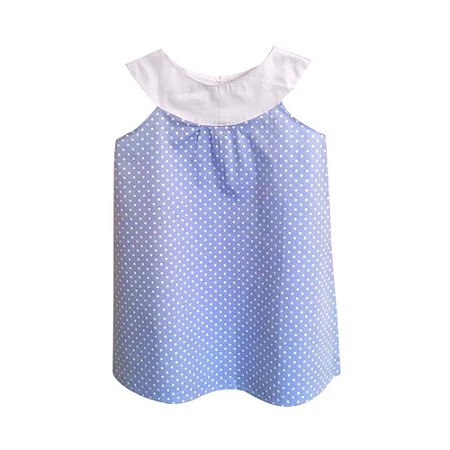 vestido infantil poa azul e branco