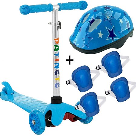 Patinete 3 rodas azul + Kit de proteção completo