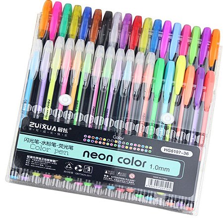 Kit caneta 36 Cores Neon Ponta Fina 1mm Tinta em Gel