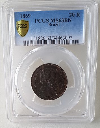Moeda Certificada PCGS MS63 20 Réis Bronze Império 1869R Flor de Cunho 