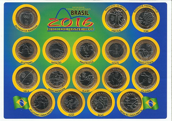 Cartela Moedas Comemorativas Olimpíadas Rio 2016 17 FC c/ Bandeira Olímpica (121)